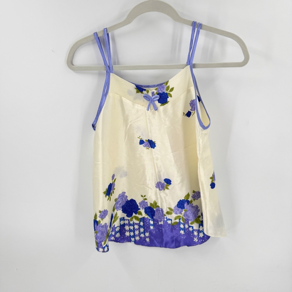 Vintage Camisole Top Cream Blue Size Small Floral Satin Fairy Coquette Cottage